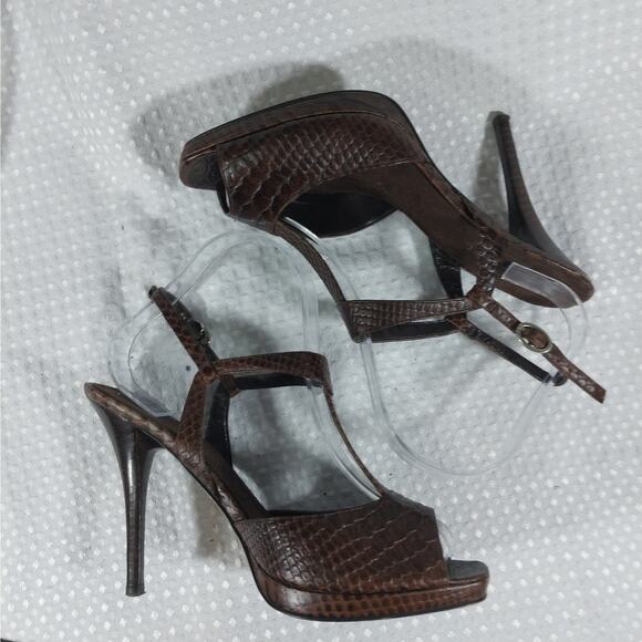 NINE WEST! ESPRESSO BROWN GENUINE LEATHER, T BAR LIZARD IMPRINT HEELS! SZ 7M - Picture 6 of 12